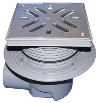 Perfektablauf DN110 waagrecht mit Dichtflansch und Wassergeruchsverschluss, 240x240mm / Edelstahlrost 226x226mm HL615SW
